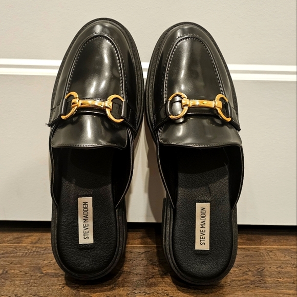 Steve Madden Black Chunky Mule Loafers with Gold Detailed Hardware Sz 9.5 - Picture 6 of 7